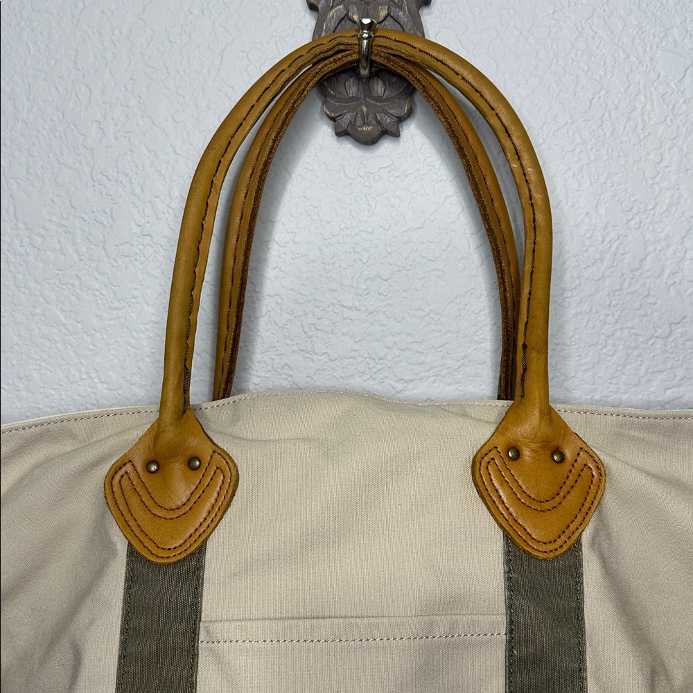 LL Bean Canvas Tote Bag with Tan Leather Handles - Picture 2 of 9
